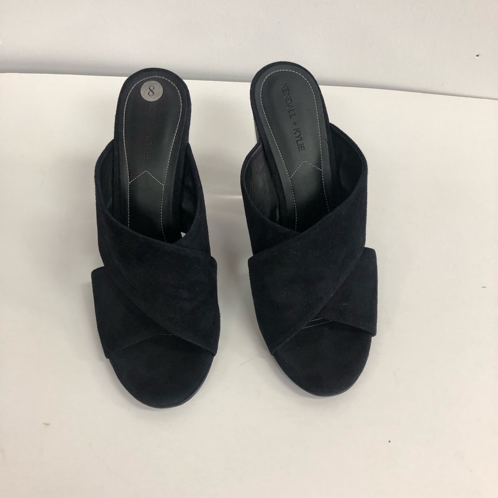 KENDALL+ KYLIE KARMEN SUEDE CRISSCROSS SLIP ON MULE CLEAR BLOCK HEELS SIZE 8 - Picture 7 of 8